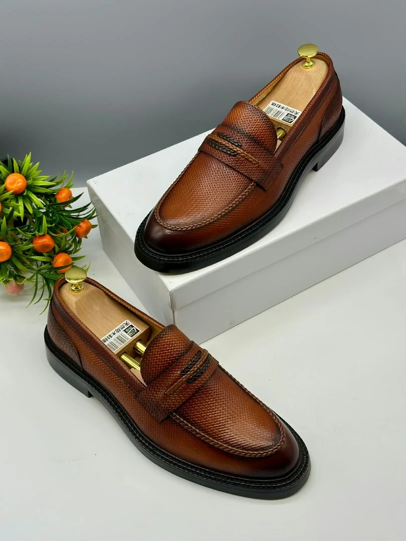 Paul Parkman Men's Elegant Brown Textured Leather Penny Loafers  Premium Slip-on Dress Shoes