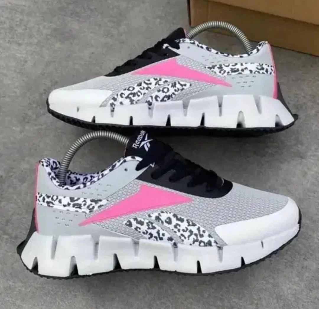 Women's Reebok Zig Kinetica Style Leopard Print & Pink Accent Lifestyle Sneakers - Grey & Black Running Shoes for Comfort & Style