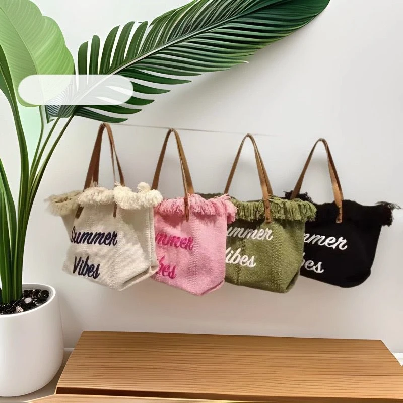 Women's Trendy Summer Vibes Canvas Tote Bag with Fringe Trim & Leather-Look Handles - Perfect for Beach, Travel & Everyday Style