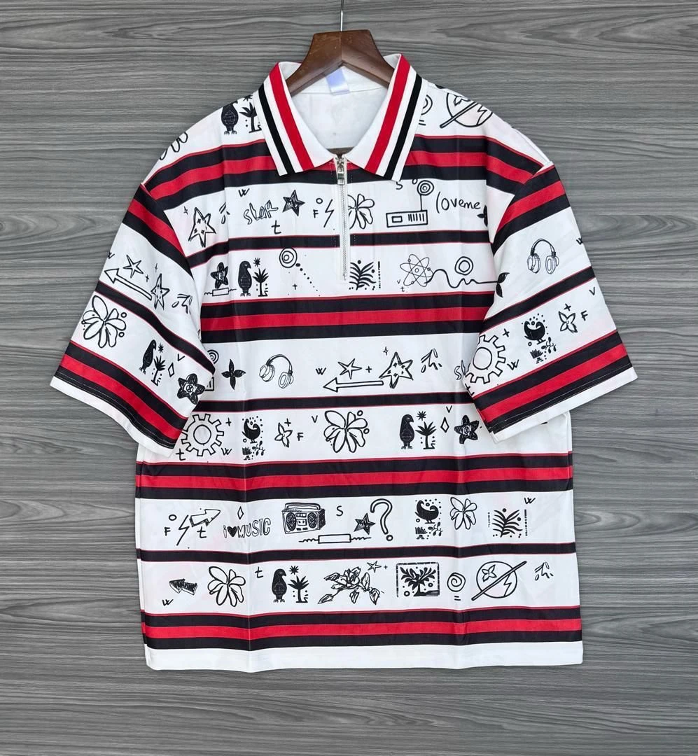 Unisex Artistic Doodle Graphic Striped Quarter-Zip Polo Shirt for Men & Women – Trendy Casual Fashion