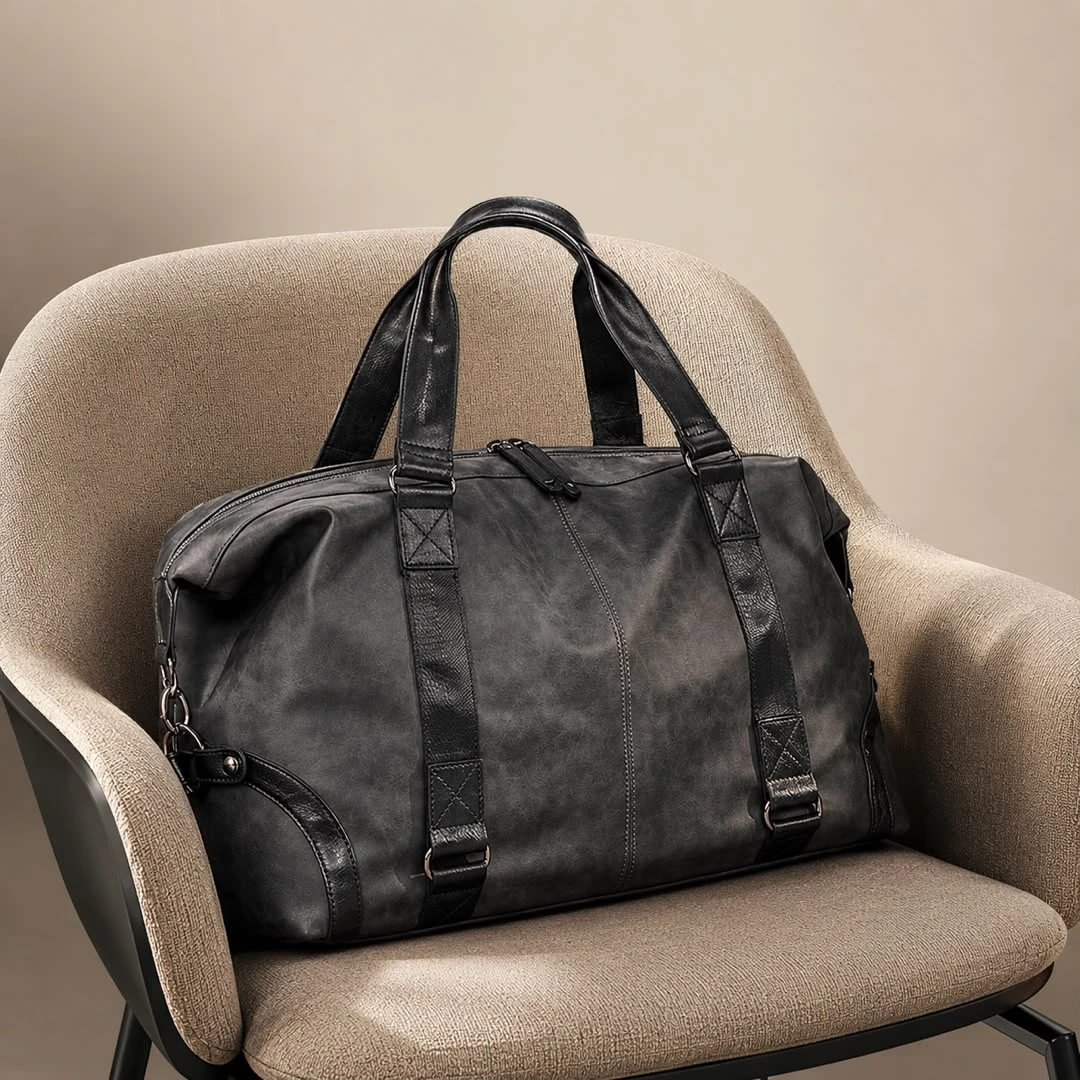 Vintage Distressed Grey Travel Duffel Bag - Faux Leather Weekend Trip Business Carry-On for Men and Women