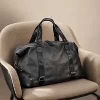 Vintage Distressed Grey Travel Duffel Bag - Faux Leather Weekend Trip Business Carry-On for Men and Women - View 2