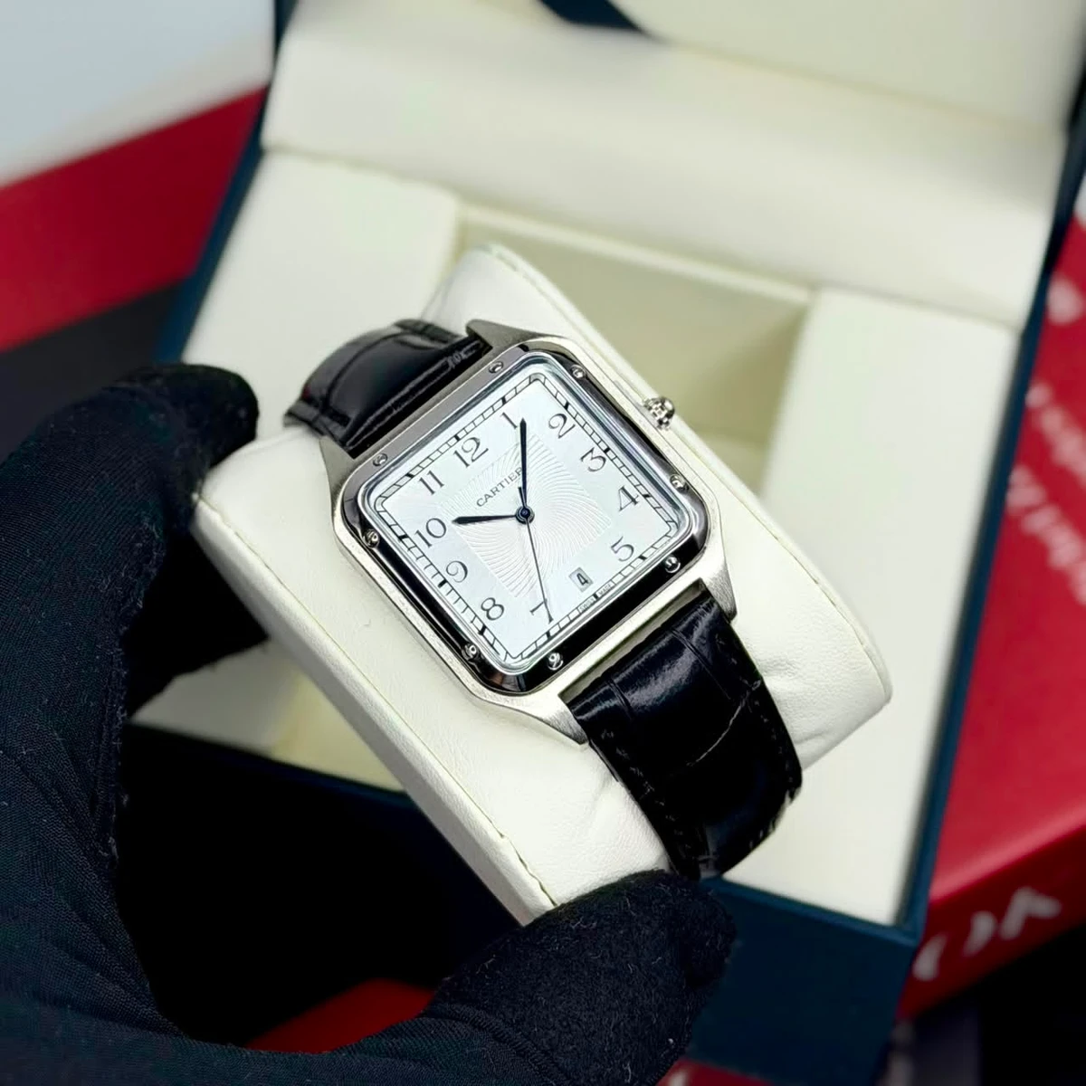 Cartier Men's Elegant Silver-Tone Square Watch with Black Croc-Embossed Leather Strap, White Textured Dial & Date Display – Luxury Classic Timepiece for Gentlemen