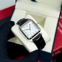 Cartier Men's Elegant Silver-Tone Square Watch with Black Croc-Embossed Leather Strap, White Textured Dial & Date Display – Luxury Classic Timepiece for Gentlemen - View 1