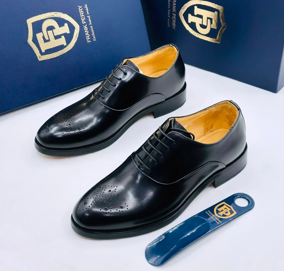 Men's Frank Perry Handcrafted Black Leather Oxford Brogue Dress Shoes - Elegant Formal Footwear