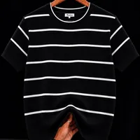Men's Quality Thick Cotton Grey- Black and White Striped Breathable Knit Short Sleeve T-Shirt - Casual Crew Neck Top for Everyday Comfort - View 2