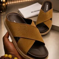 Men's Luxury Beige and Black High Quality Suede Criss-Cross Slides - Luxury Designer Comfort Sandals - View 2
