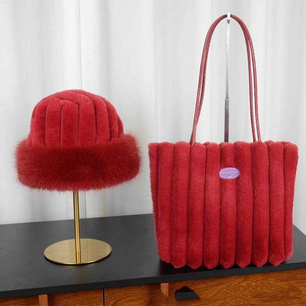 Women's Chic Red Faux Fur Bucket Hat & Ribbed Tote Bag Set - Trendy Winter Fashion Accessory Bundle | Soft & Luxurious Style Statement - Main View