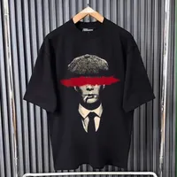 Peaky Blinders Style Black Graphic 350g T-Shirt - Flat Cap Man Print with Red Stripe - Oversized Casual Streetwear Tee - View 1