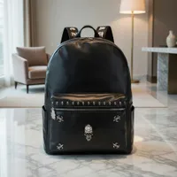 Men's Edgy Black Faux Leather Skull  Studded Fashion Backpack Bag – Bold Gothic Daypack with Crystal Skull Emblem for School, Travel  Street Style - View 3