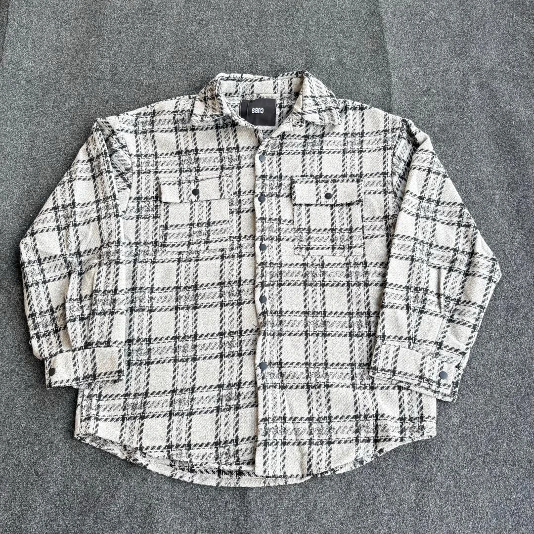 Unisex Trendy Green & White Plaid Overshirt Jacket with Embroidered Back Design | Casual Flannel Check Top for Men & Women