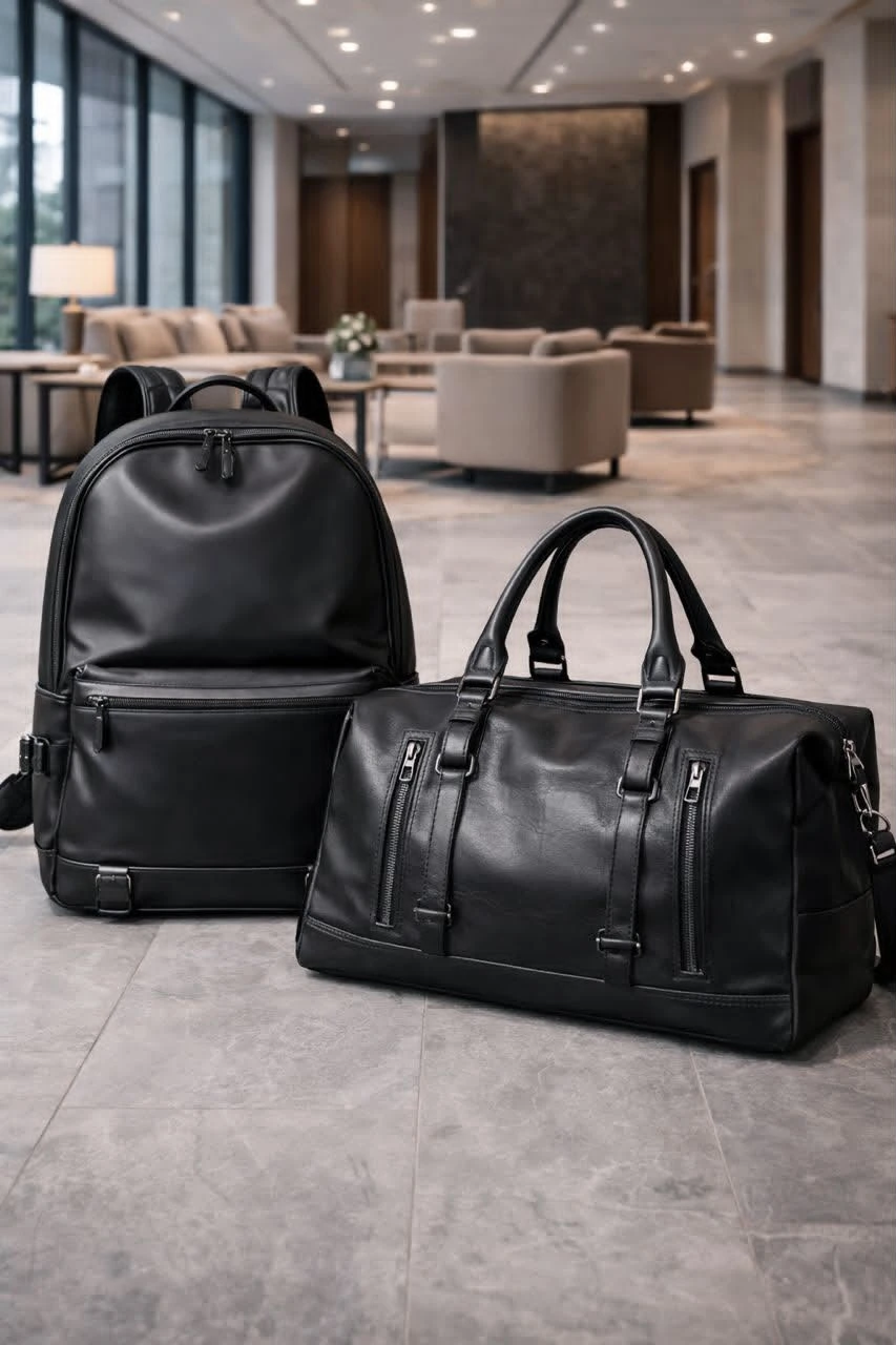 2 in 1 Men's Premium Black Leather Travel Backpack and Duffel Bag Set - Quality Business, short strip and Weekend Carry-On Luggage Combo - Main View