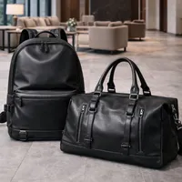 2 in 1 Men's Premium Black Leather Travel Backpack and Duffel Bag Set - Quality Business, short strip and Weekend Carry-On Luggage Combo - View 1