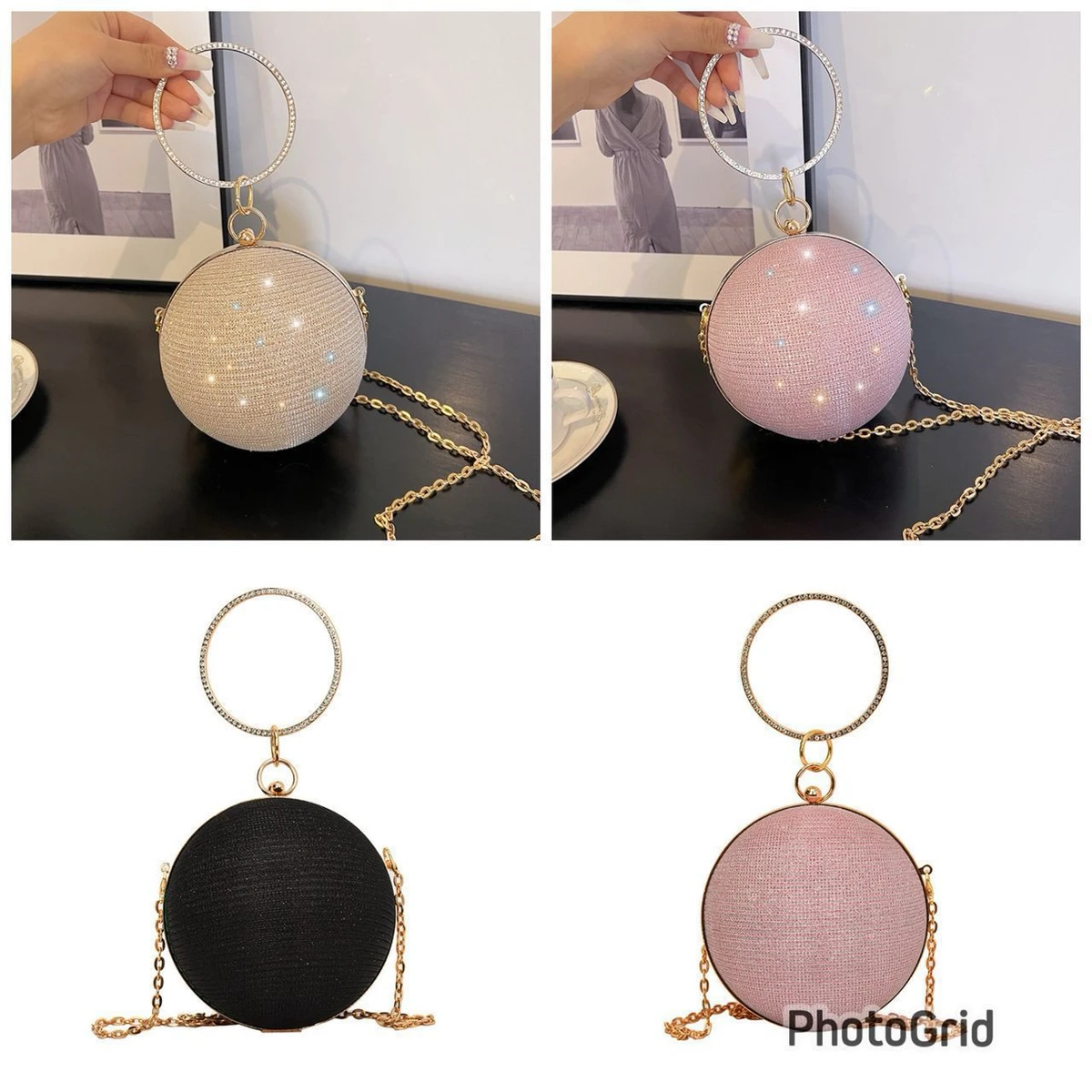 Women's Chic Round Spherical Clutch Bag with Dazzling Ring Handle & Detachable Gold Chain for Evening Parties & Special Occasions