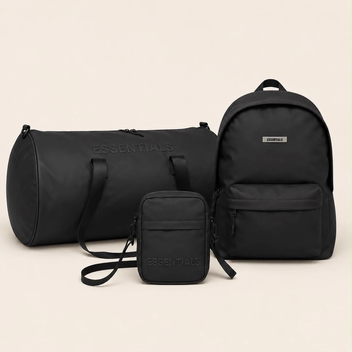 3 in 1 ESSENTIALS Black Minimalist Travel  Daily 3-Piece Bag Set Sleek Duffel, Backpack, and Shoulder Bag for Modern Lifestyle Versatile Carry
