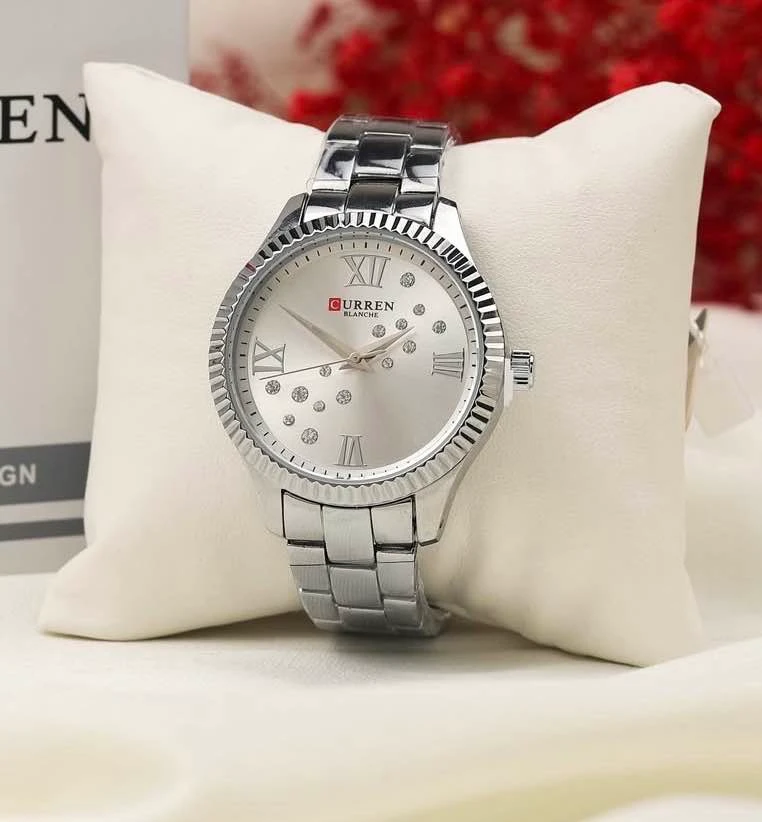 Women's Curren Elegant Silver Stainless Steel Watch with Sparkling Crystal Dial  Classic Roman Numerals - Stylish Ladies Fashion Wristwatch