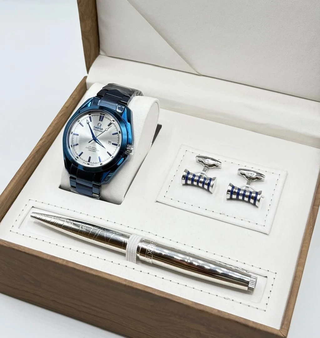 Men's Omega Blue & Silver Executive Watch Set with Engraved Pen and Striped Cufflinks - Complete Luxury Gift for Professional Style