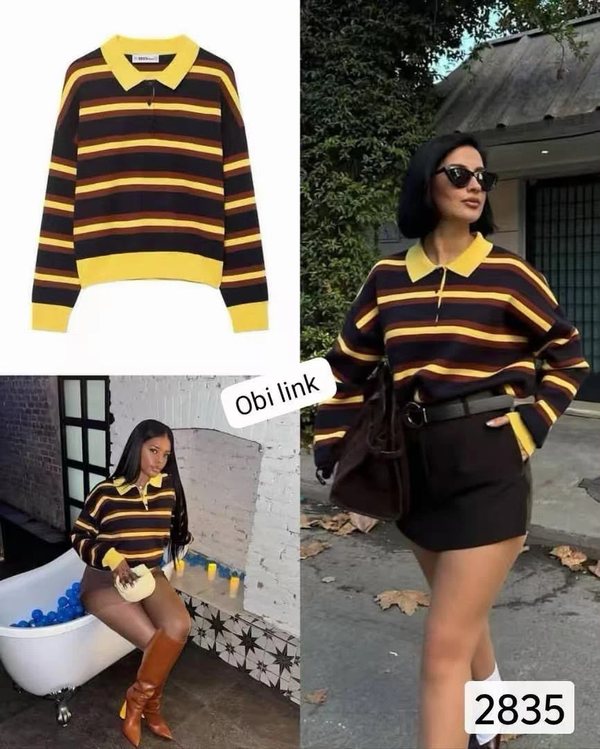 Women's Stylish Striped Knit Polo Sweater - Vibrant Yellow, Brown & Black Long Sleeve Pullover for Casual Chic - Main View