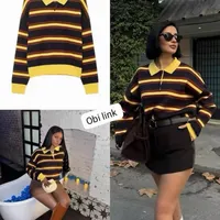 Women's Stylish Striped Knit Polo Sweater - Vibrant Yellow, Brown & Black Long Sleeve Pullover for Casual Chic - View 1