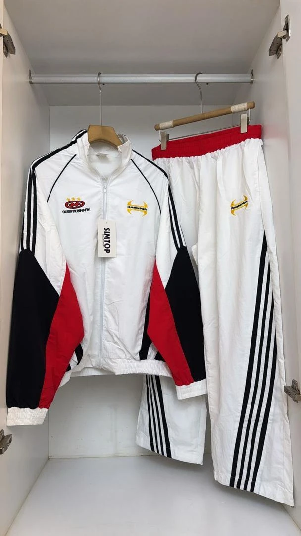 Unisex Retro White & Black Striped Tracksuit Set with Red Accents - Stylish Full-Zip Activewear Jacket and Comfortable Athletic Pants for Sports & Casual Wear