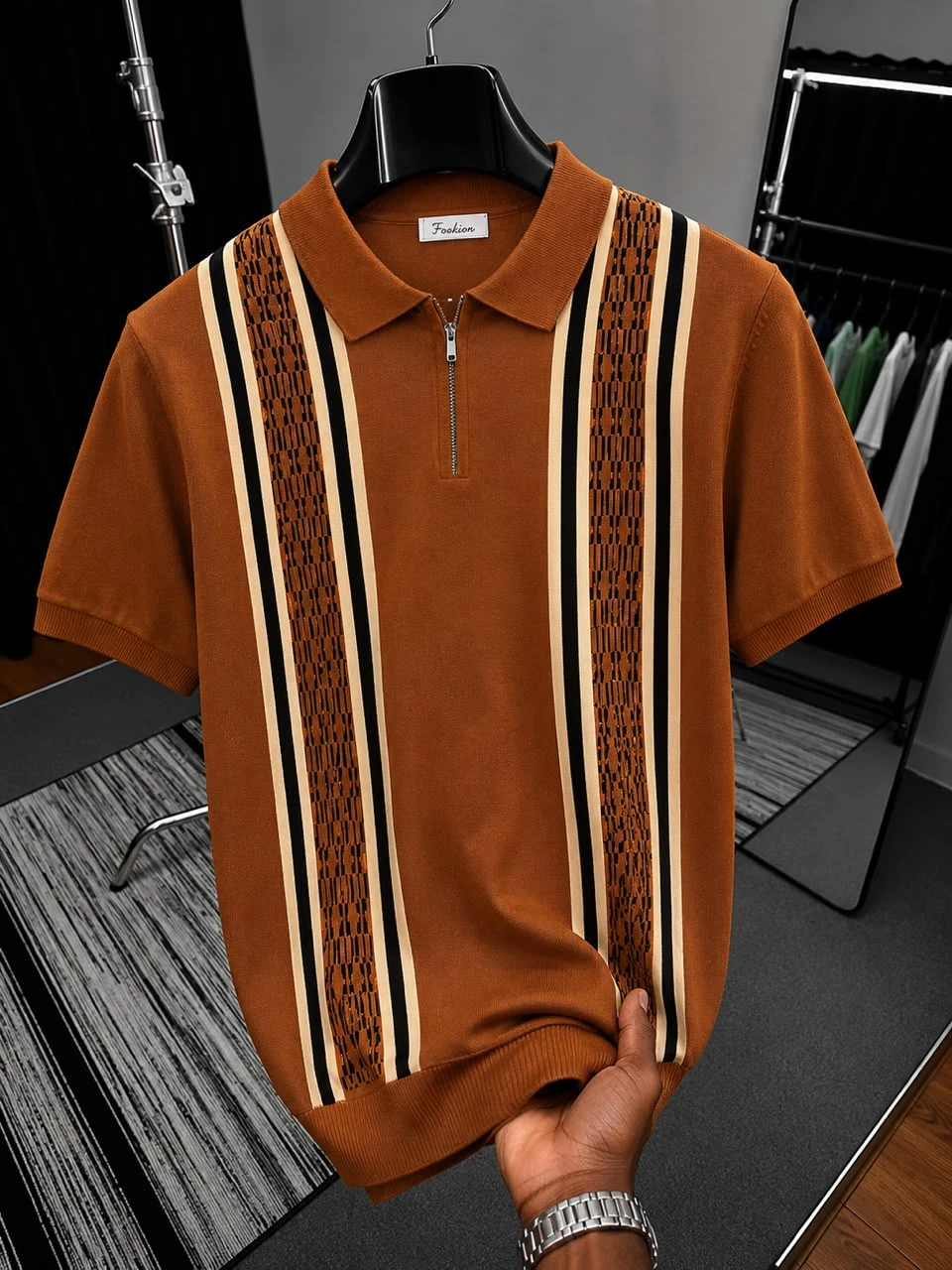 Men's Black Knitted Polo Shirt, Short Sleeve with Zipper, Cream & Maroon Vertical Cable Stripes - Smart Casual Fashion Top