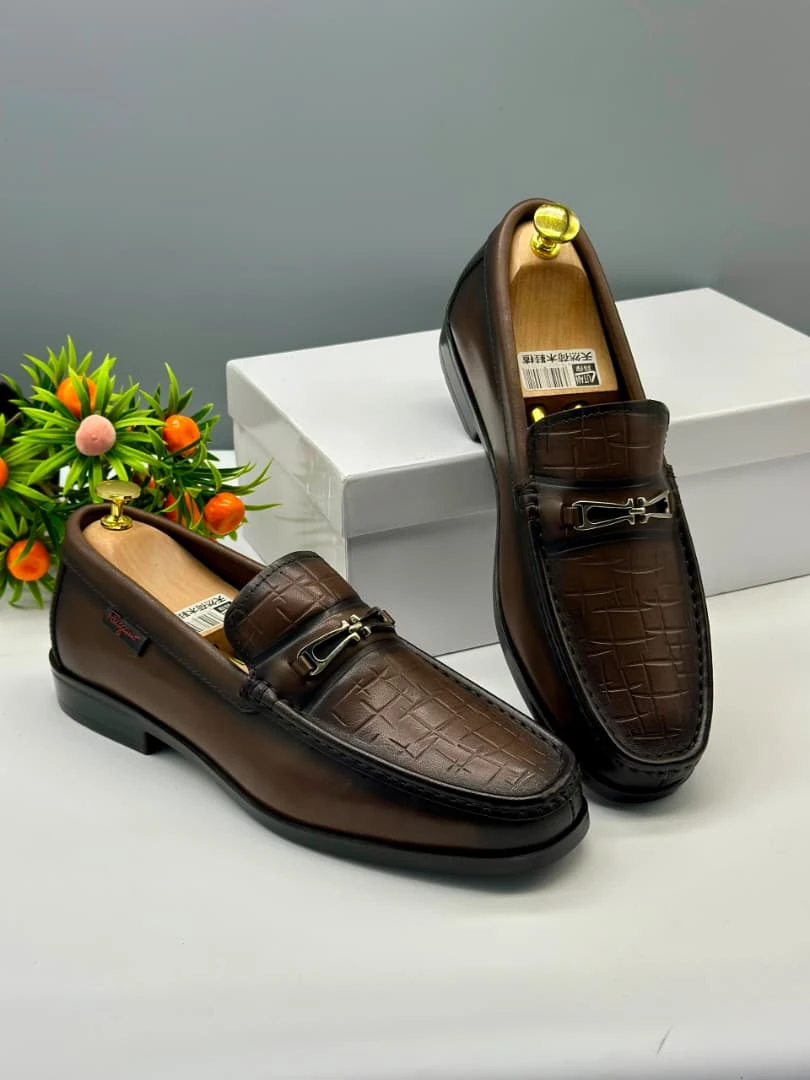 Ferragamo Men's Luxury Brown Leather Loafers - Embossed Croc Pattern Metallic Buckle Slip-On Dress Shoes for Formal Casual Wear - Main View