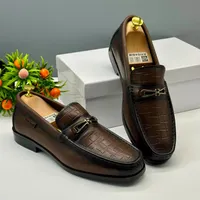 Ferragamo Men's Luxury Brown Leather Loafers - Embossed Croc Pattern  Metallic Buckle Slip-On Dress Shoes for Formal  Casual Wear - View 1