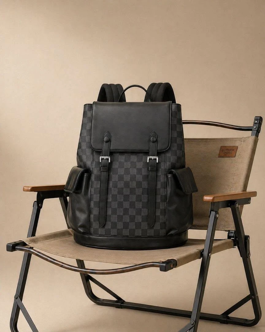 Stylish Black Checkered Designer-Inspired Backpack Bag - Durable Faux Leather Urban Travel Rucksack with Padded Straps for Men  Women