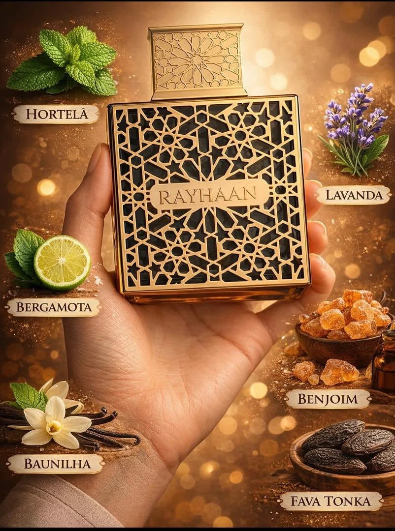 Rayhaan Unisex Luxury Gold Geometric Eau de Parfum - Long-Lasting Fragrance with Fresh Mint, Lavender, Vanilla & Exotic Tonka Bean Notes