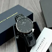 Men's Daniel Wellington Classic Petite Black Dial Silver Case Crocodile Embossed Leather Strap Elegant Watch - View 1