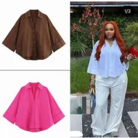 Women's Chic Collared V-Neck Button-Down Shirt with Rolled Short Sleeves & Dual Pockets - Effortless Casual Blouse for Modern Style - View 3