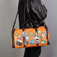 Vibrant Orange Patchwork Studded Travel Duffel Bag – Stylish Faux Leather Weekend Carryall for Trendy Explorers - View 3