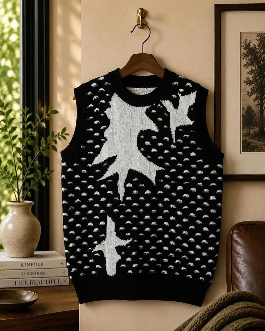 Unisex Modern Black & White Abstract Knit Sweater Vest - Sleeveless Graphic Pullover for Stylish Layering