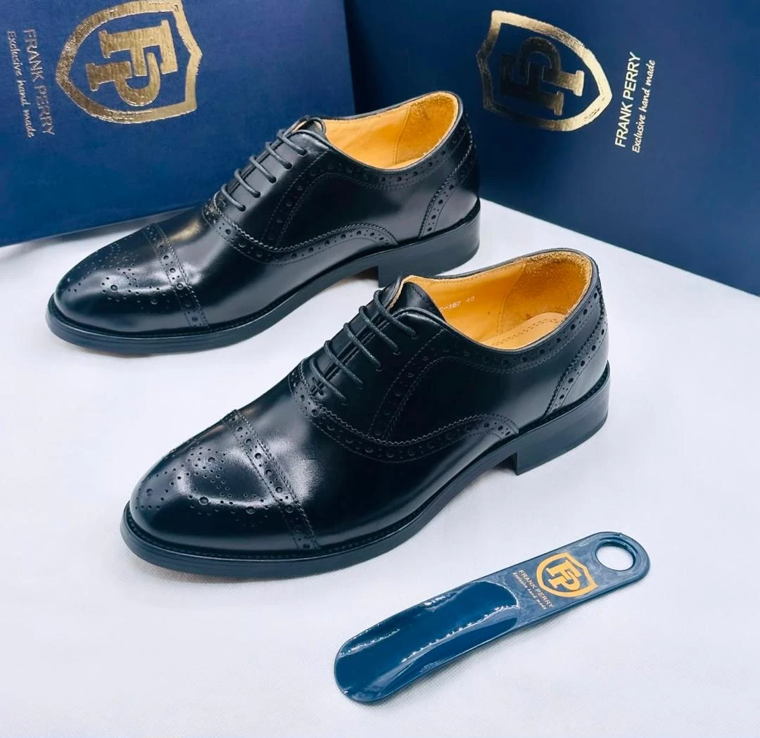 Men's Frank Perry Black Leather Oxford Brogue Dress Shoes - Classic Cap-Toe Formal shoe