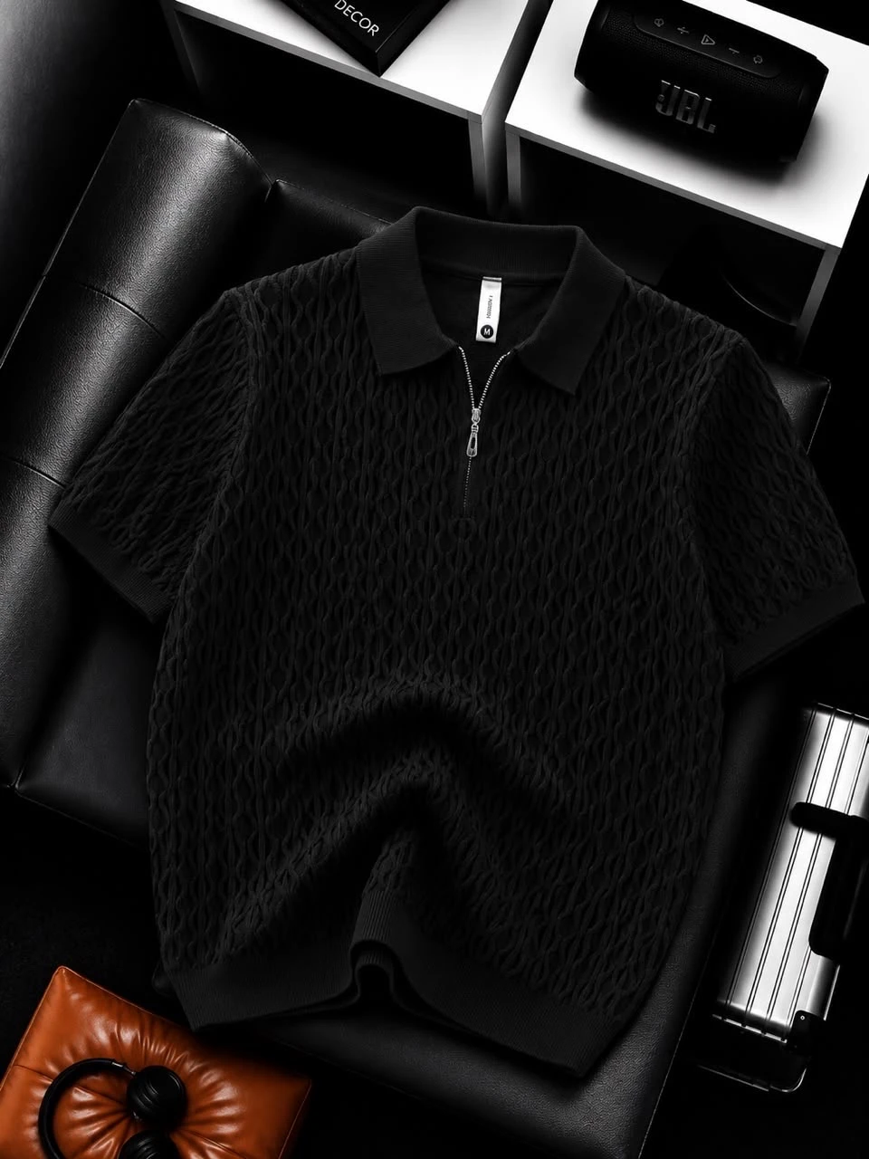Men's Black and White Textured Zipper Polo Shirt - Wavy Knit Short Sleeve Casual Top for Modern Luxury Casual Smart Style