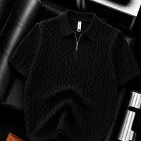 Men's Black and White Textured Zipper Polo Shirt - Wavy Knit Short Sleeve Casual Top for Modern Luxury Casual Smart Style - View 1