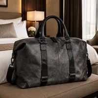 Vintage Distressed Grey Travel Duffel Bag - Faux Leather Weekend Trip Business Carry-On for Men and Women - View 3