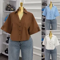 Women's Chic Collared V-Neck Button-Down Shirt with Rolled Short Sleeves & Dual Pockets - Effortless Casual Blouse for Modern Style - View 1