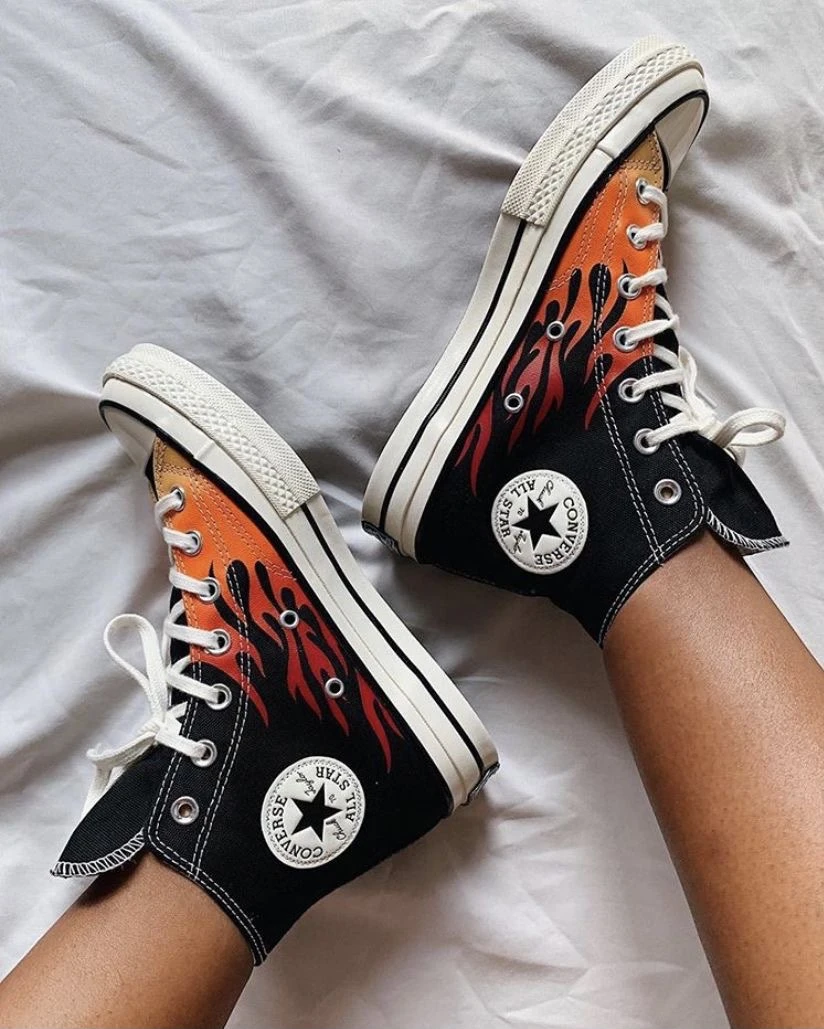 Unisex Converse All Star High-Top Sneakers with Fiery Flame Print - Black & Orange Canvas Kicks for Bold Street Style & Everyday Comfort