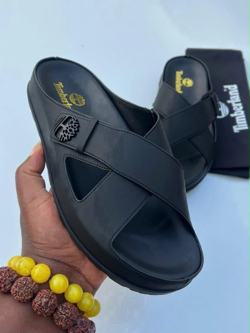 Men's Timberland Black and Brown Crossover Strap Slides – Premium Comfort Slip-On Sandals for Casual  Stylish Everyday Wear