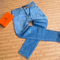 Men's Jean Faded Grey and Bue Washed Denim Jeans Trousers - Slim Fit Moto Biker Panelled Design for Modern Casual Style - View 2