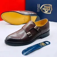 Frank Perry Men's Premium Brown Leather Double Monk Strap Dress Shoes - Hand-Crafted Cap Toe Formal Footwear - View 2