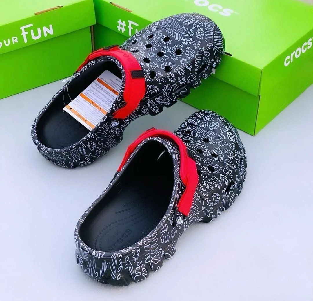 Black Leafy Crocs Iconic Original Classic All-Terrain Clog Slides Slippers Sandals