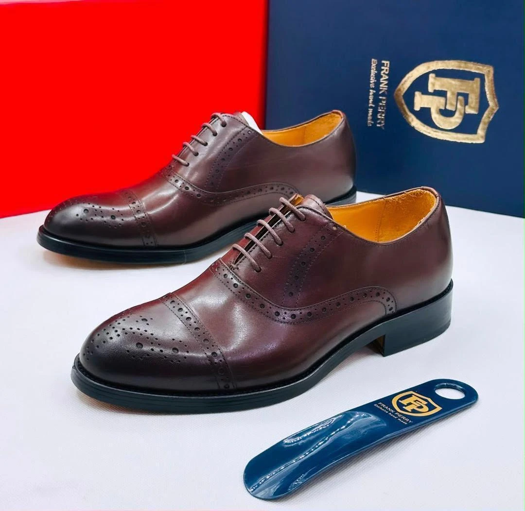 Men's Classic Frank Perry Premium Brown Leather Brogue Oxford Dress Shoes - Elegant Lace-Up Formal Footwear for Business & Special Occasions