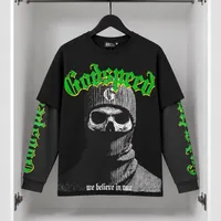 Men's & Unisex Godspeed Skull Balaclava Graphic Layered Long Sleeve T-Shirt – Edgy Red & White Streetwear Crew Neck Tee with Bold Text Print - View 3