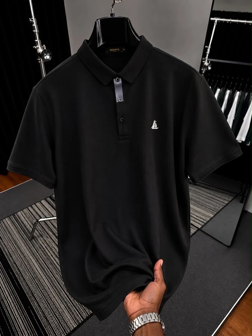Men's Elegant Black Polo Shirt - Premium Short Sleeve Casual  Smart Top with Distinctive Sailboat Embroidery Style for Everyday Comfort