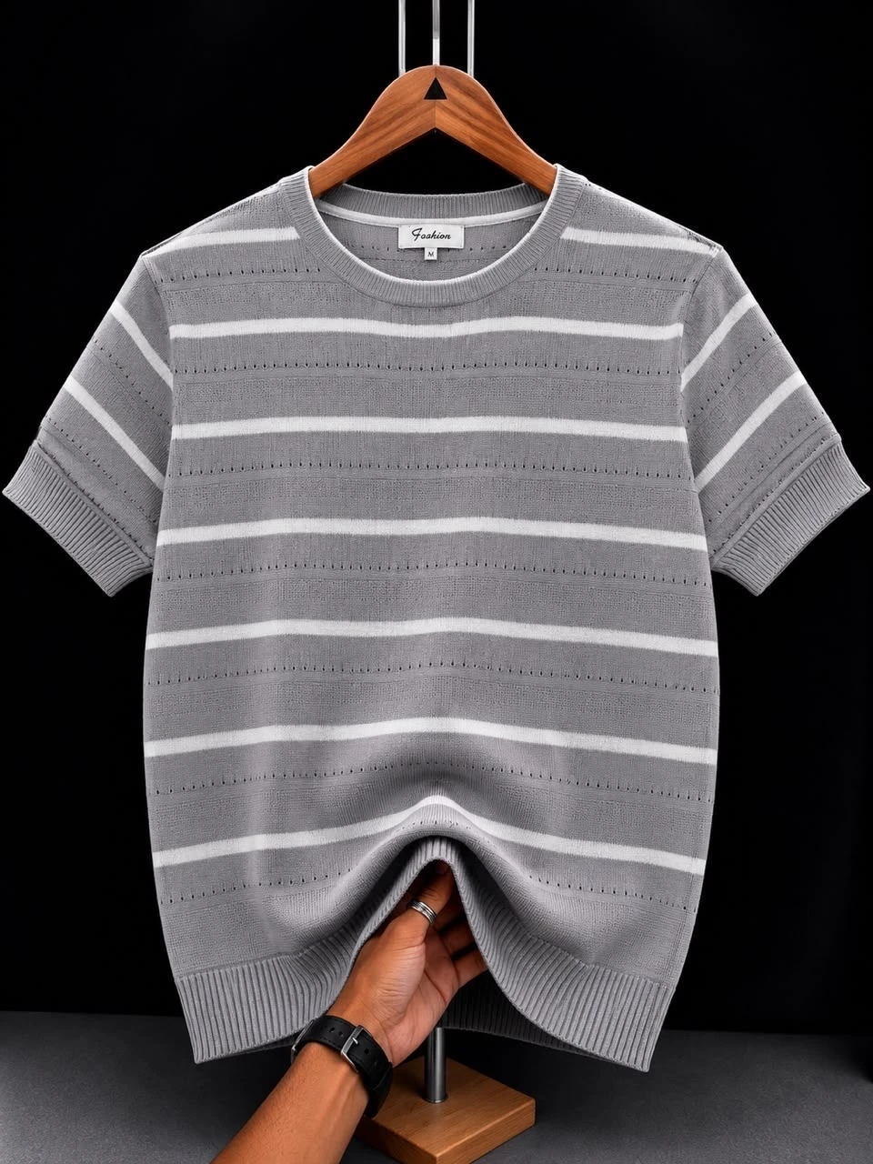 Men's Quality Thick Cotton Grey- Black and White Striped Breathable Knit Short Sleeve T-Shirt - Casual Crew Neck Top for Everyday Comfort