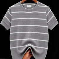 Men's Quality Thick Cotton Grey- Black and White Striped Breathable Knit Short Sleeve T-Shirt - Casual Crew Neck Top for Everyday Comfort - View 1