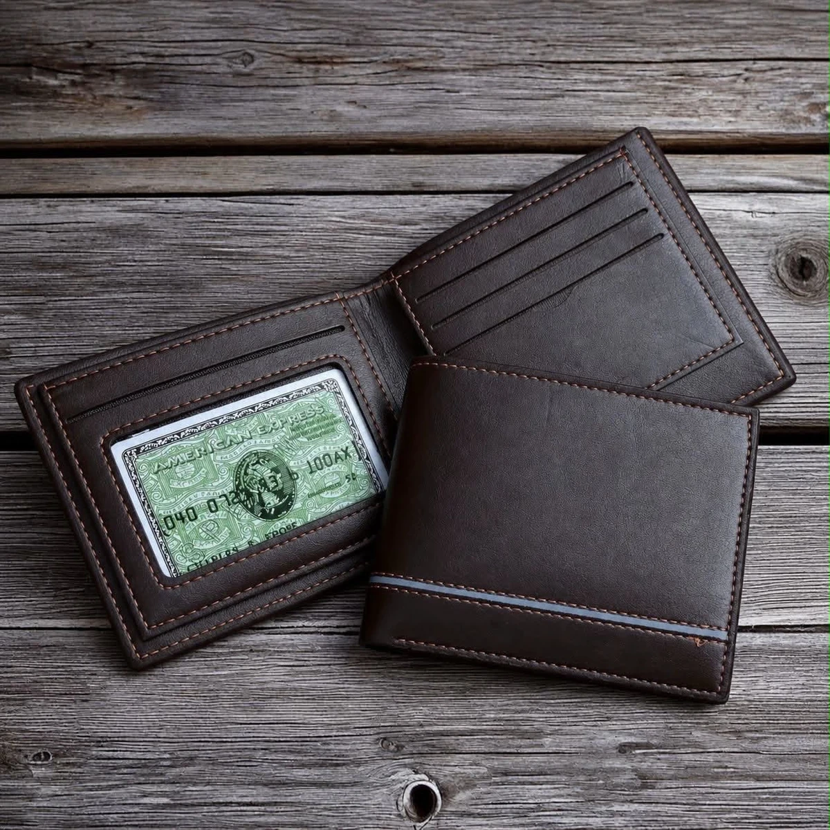 Men's Premium Leather Bifold Wallet - Sleek Faux Leather Design with Multiple Card Slots, ID Window Modern Stripe Detail for Everyday Style - Main View
