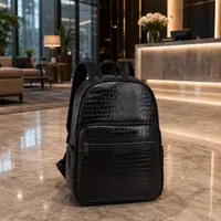 Men's Premium Black Crocodile Texture Backpack Bag - Stylish Flap Closure Daypack with Drawstring for Work, Travel  Daily Essentials - View 3
